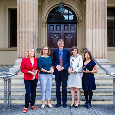 (L-R) Ms Inge Matt, Dr Barbara Maenhaut, Associate Professor Tim McIntyre, Dr Chris Landorf, Ms Rhea Jain